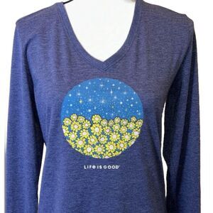 LIFE IS GOOD COOL TEE CLASSIC FIT LONG SLEEVES V NECK STARS AND YELLOW FLOWERS